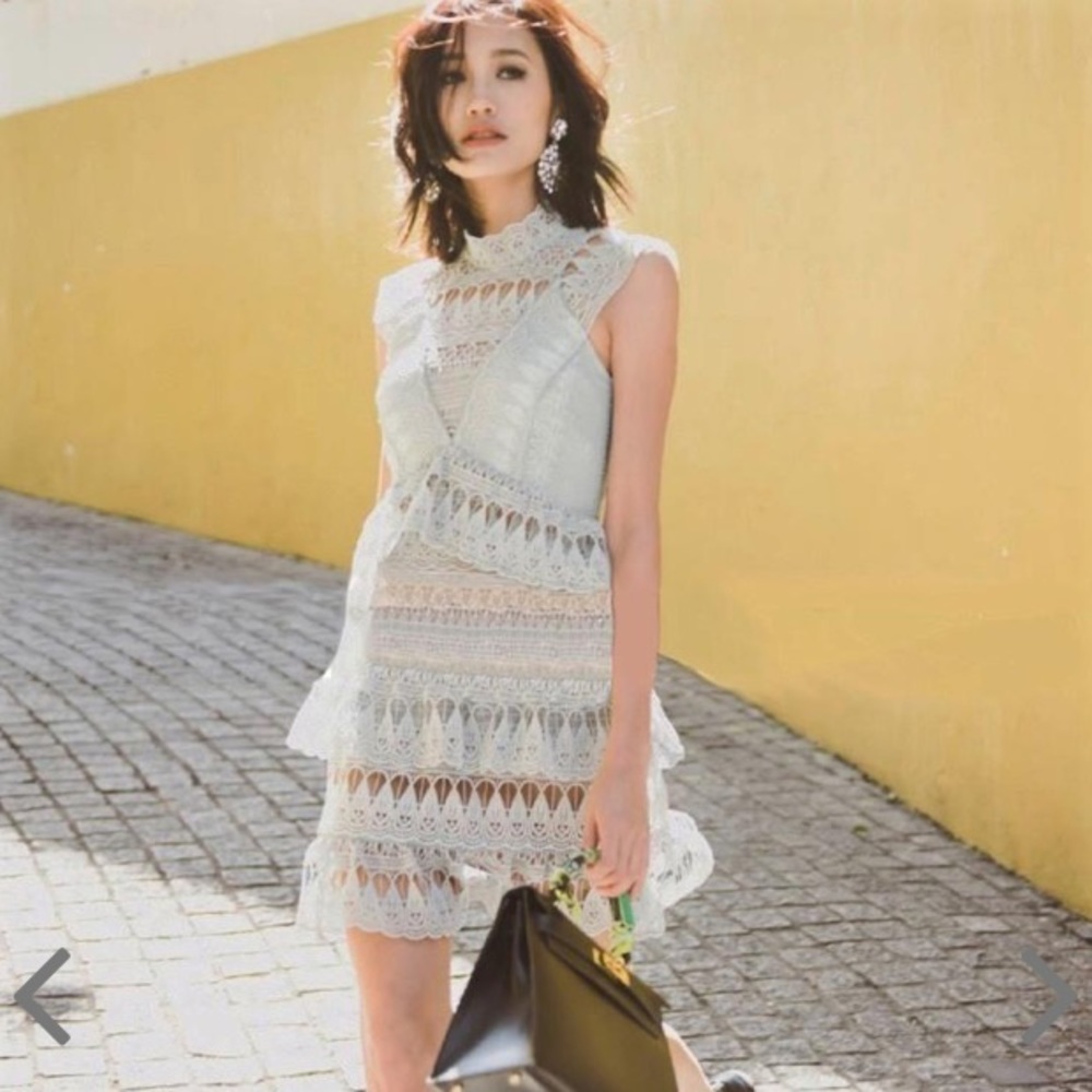 L'ATISTE Pale Blue Lace Tiered Mini Dress